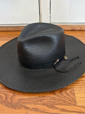Stetson Black Straw Fedora with Multicolor Logo Patch